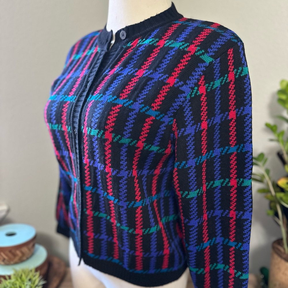 Liz Claiborne VTG 80s Red & Blue Plaid Merino Wool Cardigan Sweater Preppy